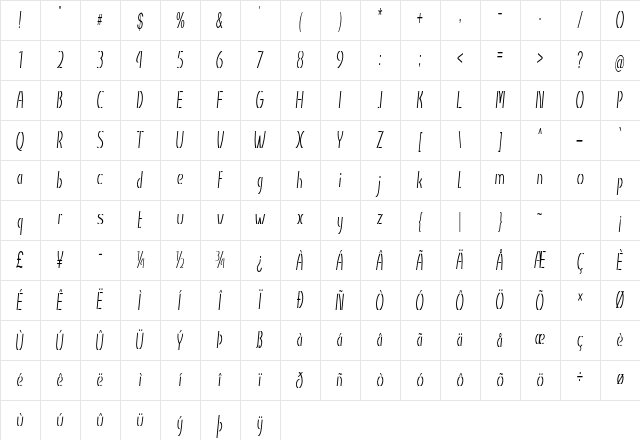 Braxon Extra-condensed Italic Character Map