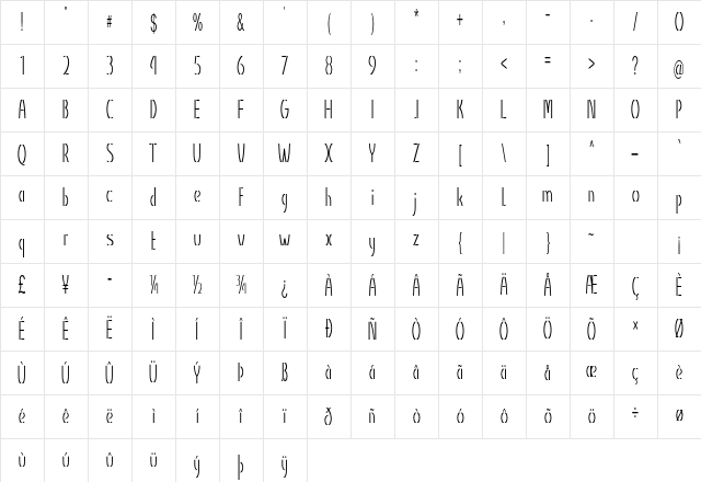Braxon Extra-condensed Regular Character Map