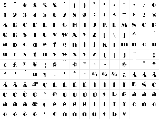 Broadway Regular Character Map