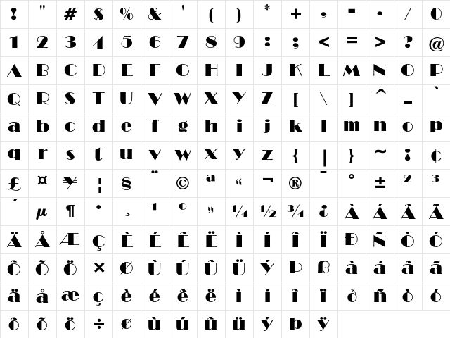 Broadway Regular Character Map