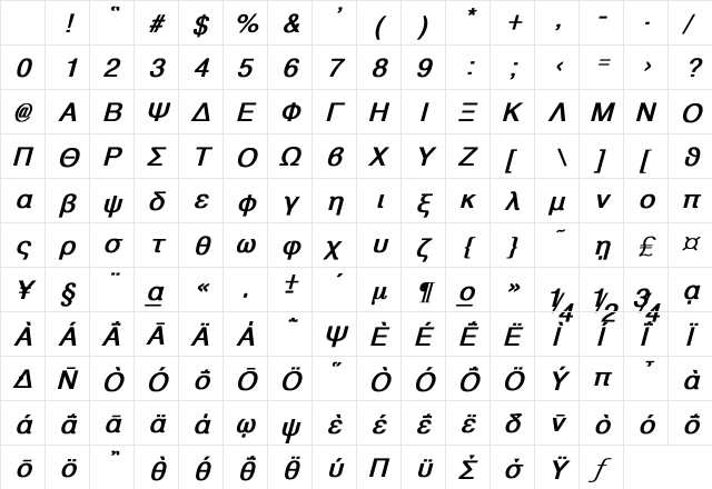 Athens Greek Bold Italic Character Map Athens Greek Bold Italic Character Map