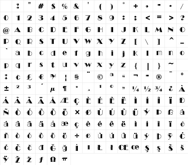 BroadwayEngraved BT Engraved Character Map