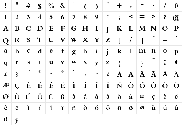 BrophyOpti Bold Character Map