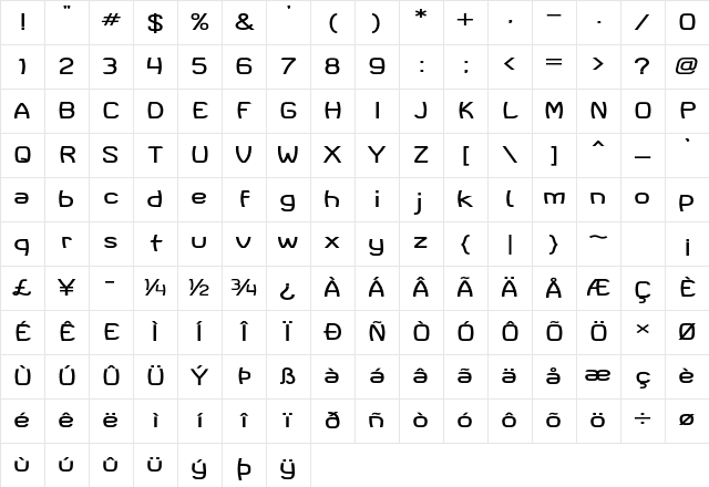 Bruin Expanded Bold Character Map
