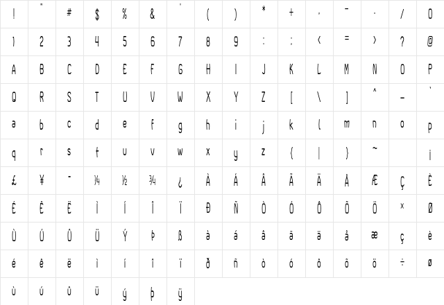 Bruin Extra-condensed Regular Character Map