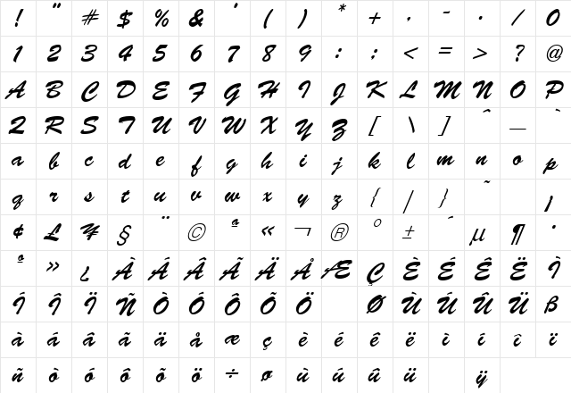 Brush Script Regular Character Map