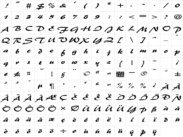 BrushFlashExpanded Regular Character Map