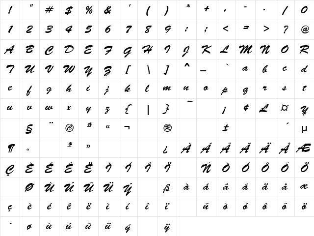 Brush-Script Regular Character Map