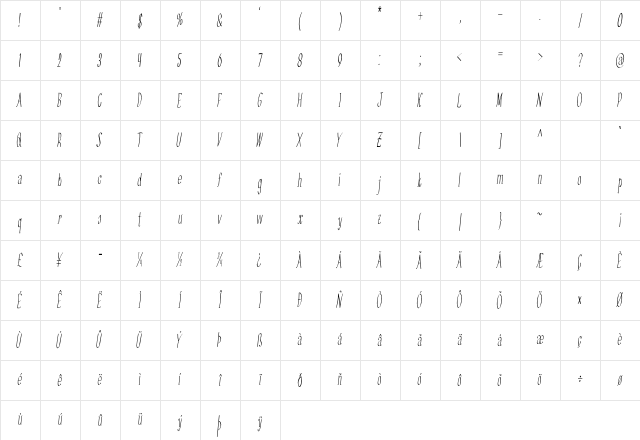 Bugler Extra-condensed Italic Character Map