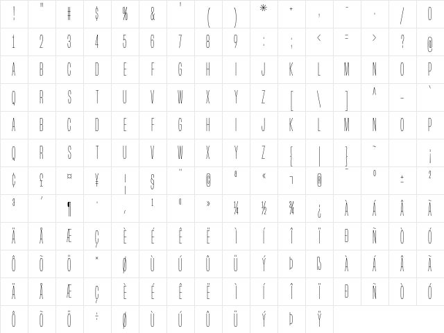 Built Titling ExtraLight Character Map