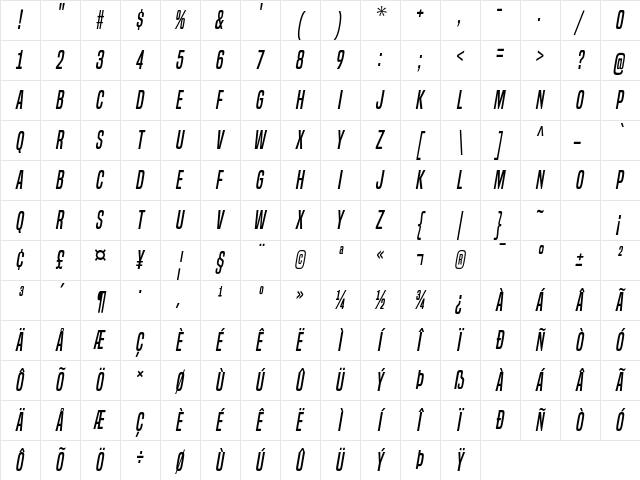 Built Titling Italic Character Map