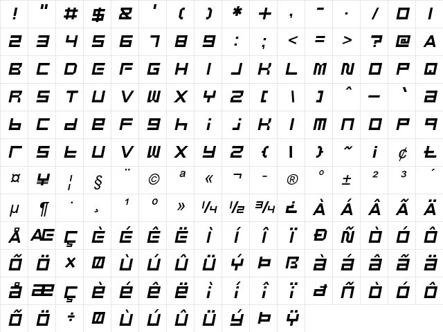 Bullheaded Italic Character Map