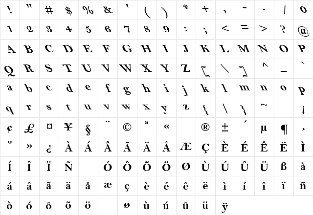 MBell Bold Leftie Regular Character Map