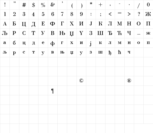C_Bodoni Regular Character Map