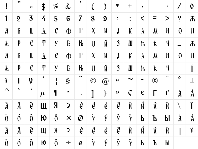 C_Ustav Regular Character Map C_Ustav Regular Character Map