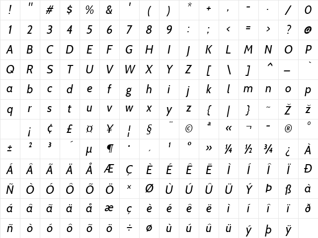 Cabin Italic Character Map