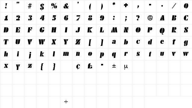 CadoDisplaySSK Italic Character Map