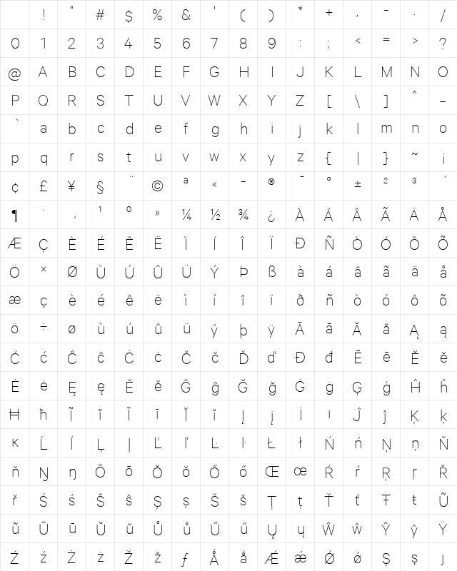 Calibre Thin Regular Character Map Calibre Thin Regular Character Map