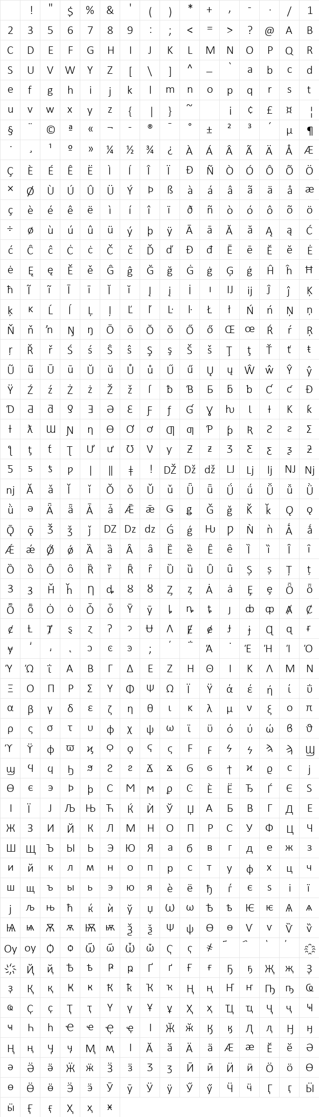 Calibri Light Regular Character Map Calibri Light Regular Character Map