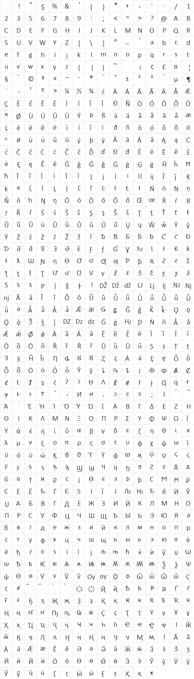 Calibri Light Regular Character Map Calibri Light Regular Character Map
