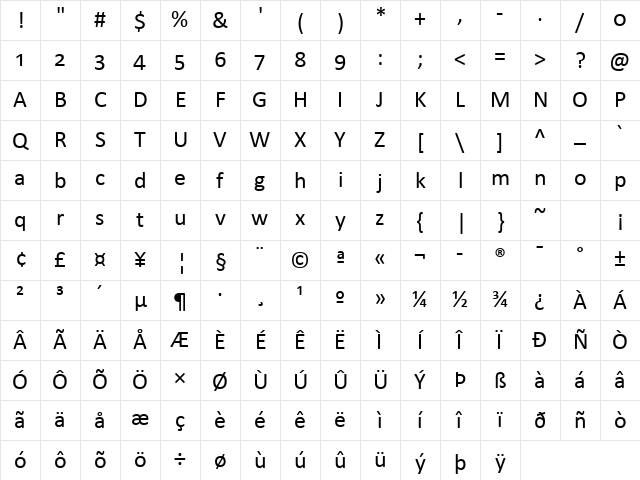 Calibri Regular Character Map