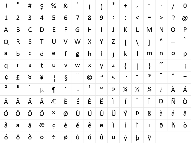 Calibri Regular Character Map