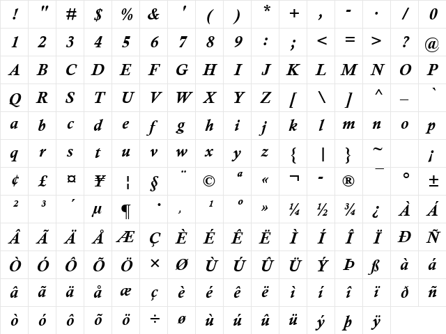Calisto MT Bold Italic Character Map