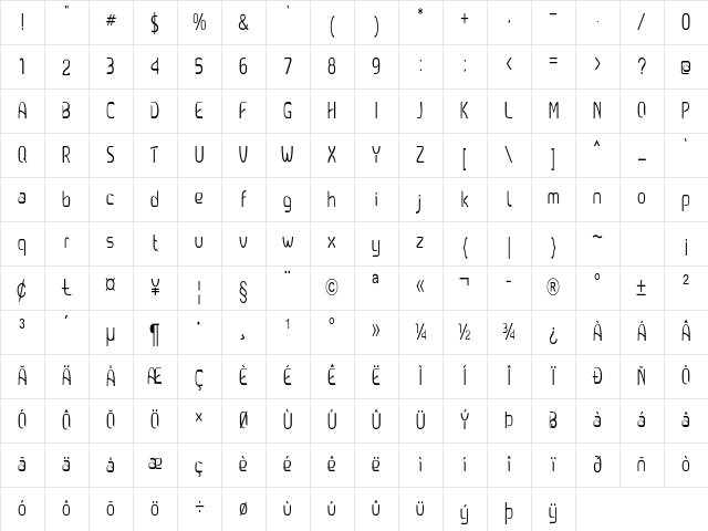 Callum Condensed Regular Character Map