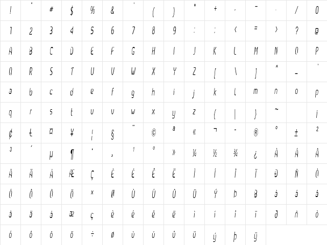 Callum Extra-condensed Italic Character Map Callum Extra-condensed Italic Character Map