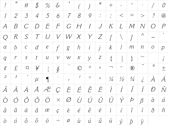 Cantoria MT Std Light Italic Character Map