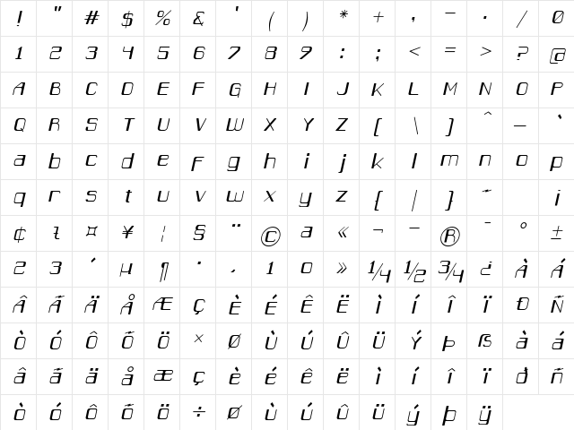 Caracas Light-Italic Character Map