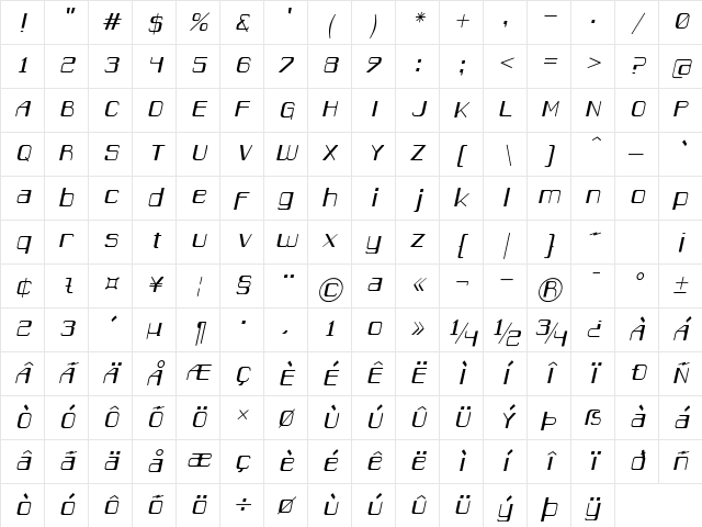 CaracasLG Italic Character Map