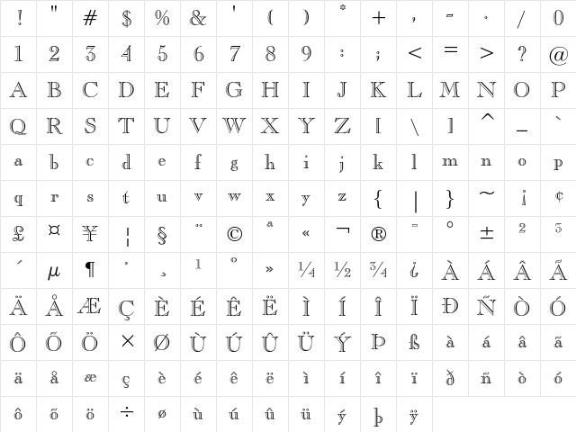 Caslon Openface Regular Character Map