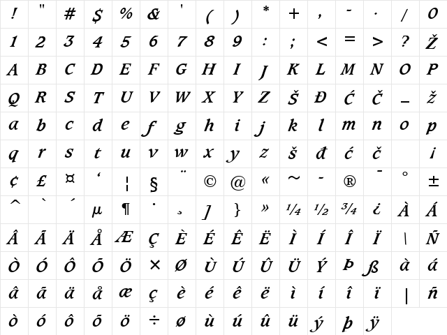 Caxton Bold Italic Character Map