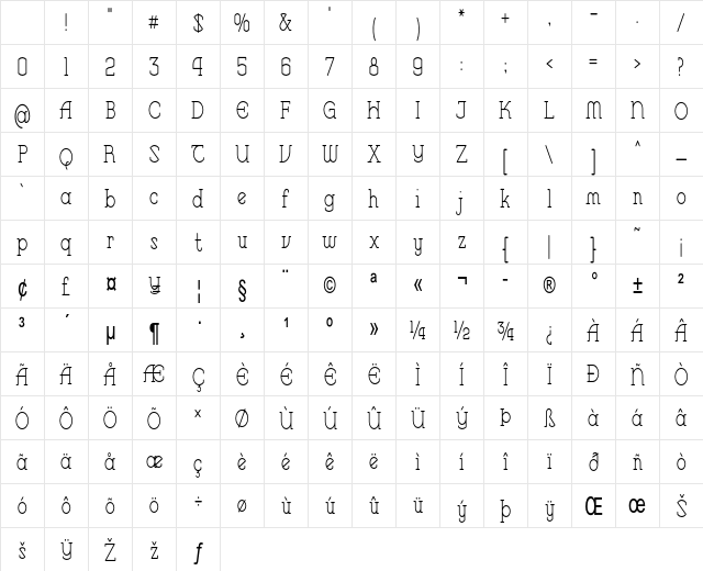 Centerfield Condensed Regular Character Map Centerfield Condensed Regular Character Map