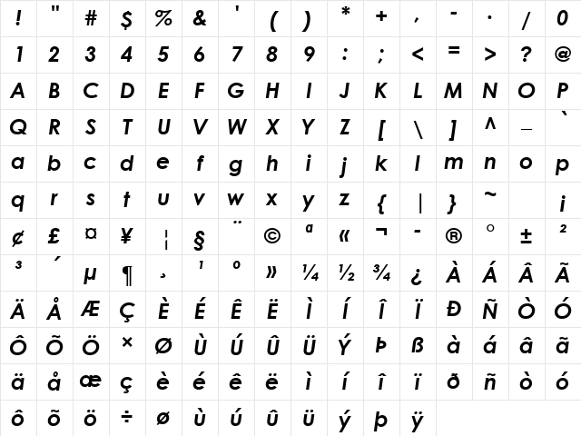 Century Gothic Bold Italic Character Map