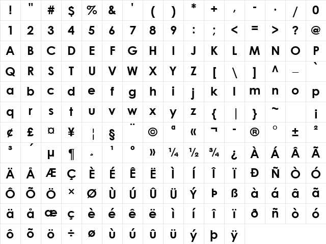 Century Gothic Bold Character Map