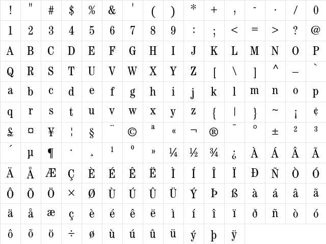ITC Century Book Condensed Character Map