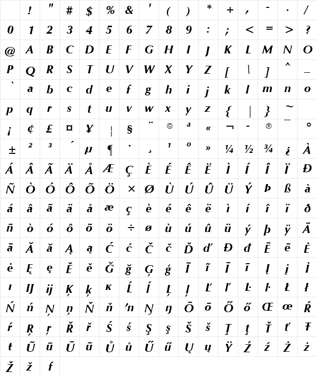 CG Omega Bold Italic Character Map