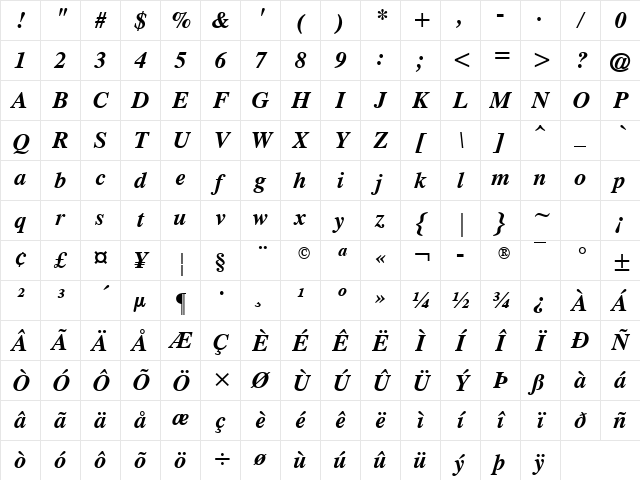 CG Times Bold Italic Character Map