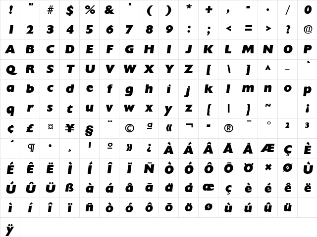 Chanson Heavy SF Bold Italic Character Map