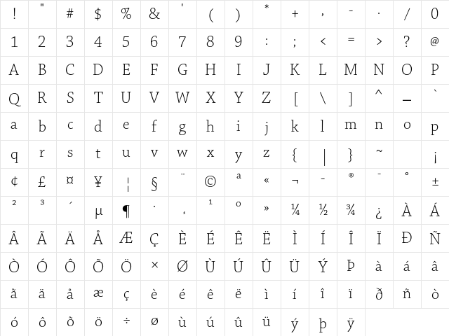 Chaparral Pro Light Subhead Character Map