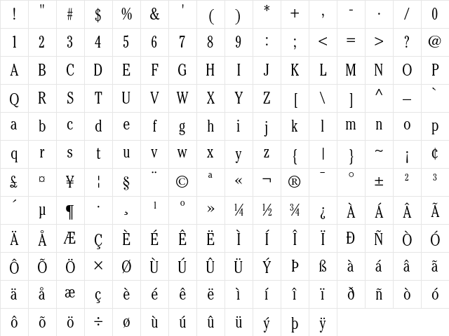 ITC Cheltenham Light Condensed Character Map