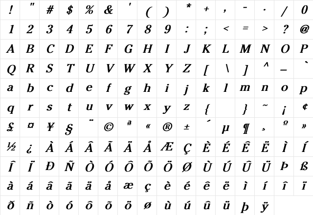 Cheltenham-Normal BI Bold Italic Character Map