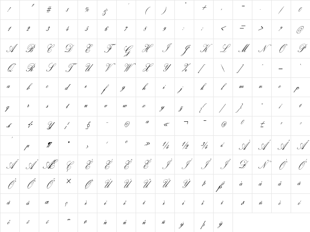 Cherry Script Condensed Italic Character Map