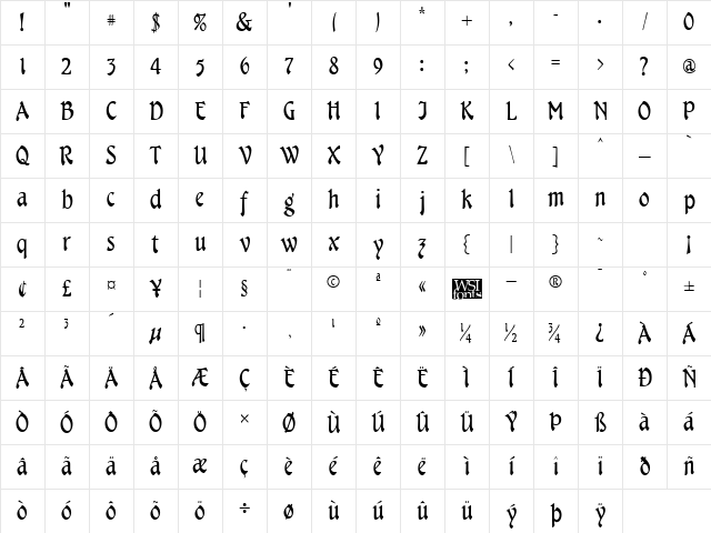 Cheshire Regular Character Map