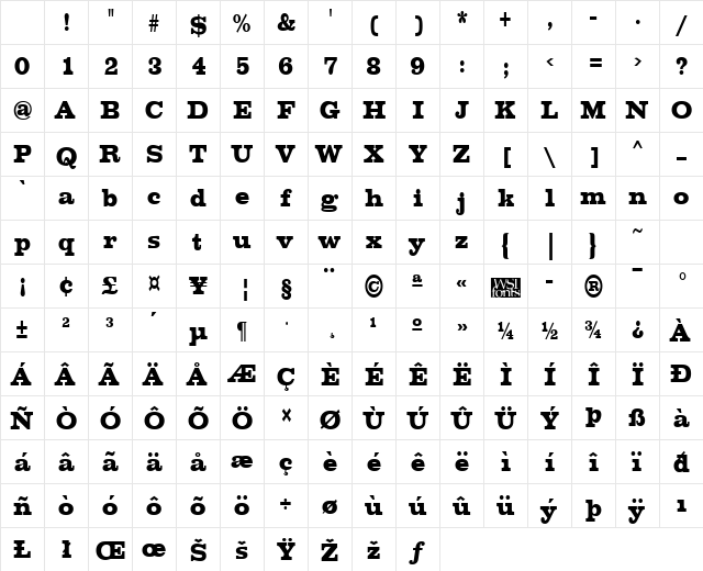 ChesterfieldCondensed Regular Character Map