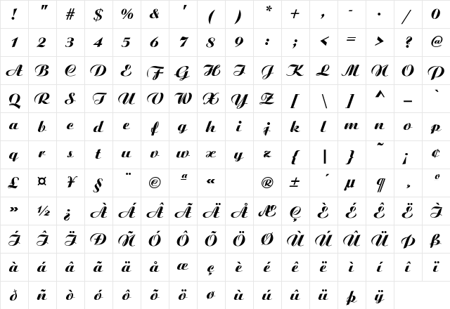 Ariston-ExtraBold-Italic Regular Character Map