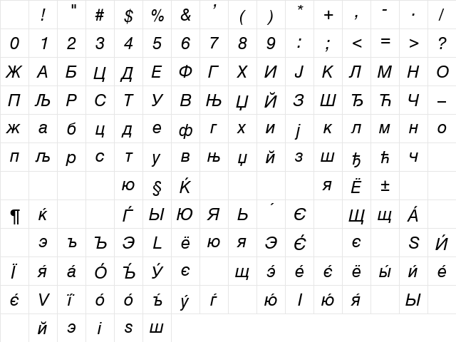 Cir Swiss Italic Character Map Cir Swiss Italic Character Map