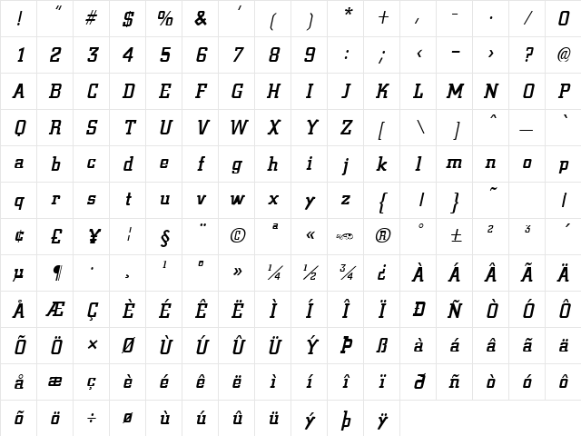 Civic fed kursiv Character Map